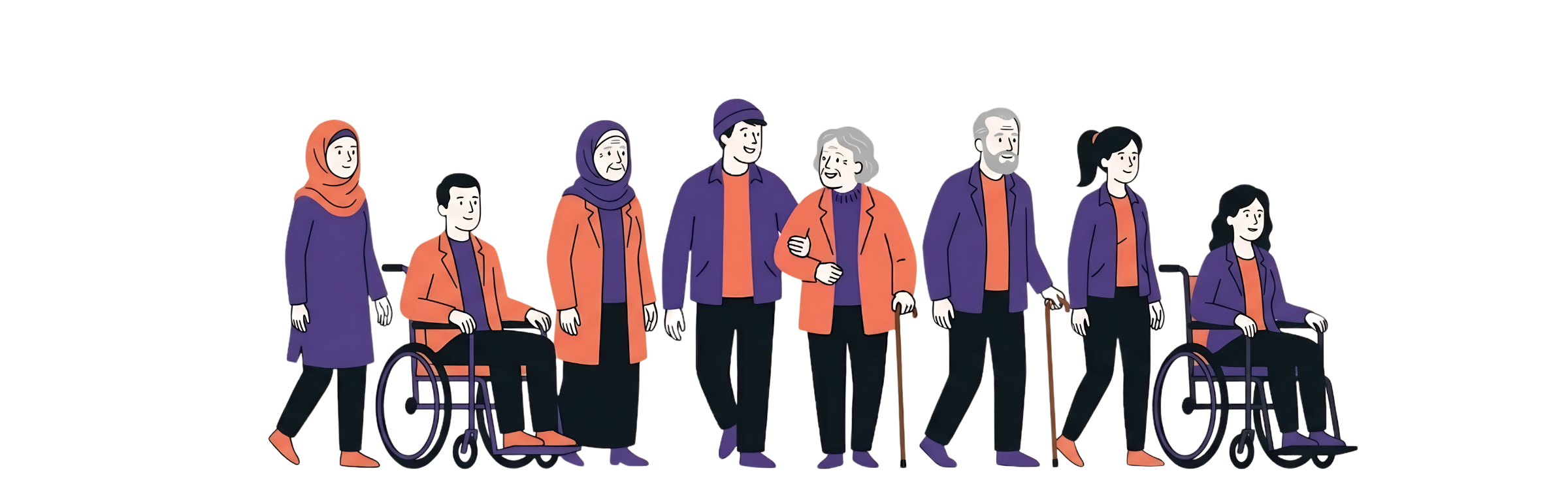 Il y a 1 homme et 1 femme en fauteuil roulant, 1 jeune et 1 jeune, 2 dames voilées, 2 seniors. Cette image se veut inclusive et parlante au plus de personnes possibles.